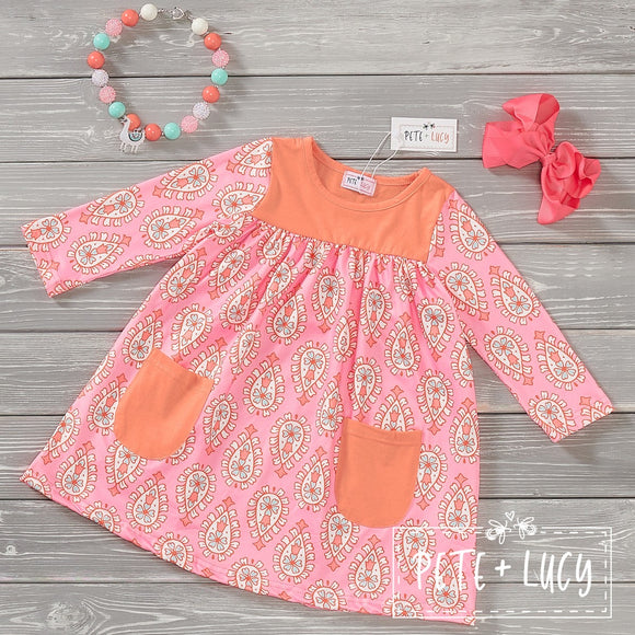 Peach Paisley Dress, 3T & 7/8