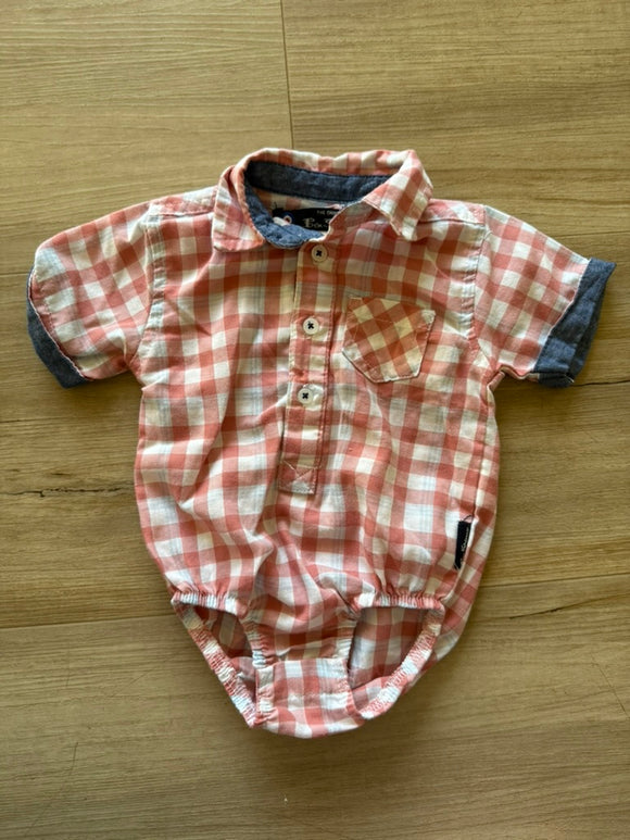 Ben Sherman Checkered 3/4 Button Down Onesie, 3/6M
