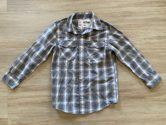 Grey Plaid Adjustable Sleeve Button Down, S