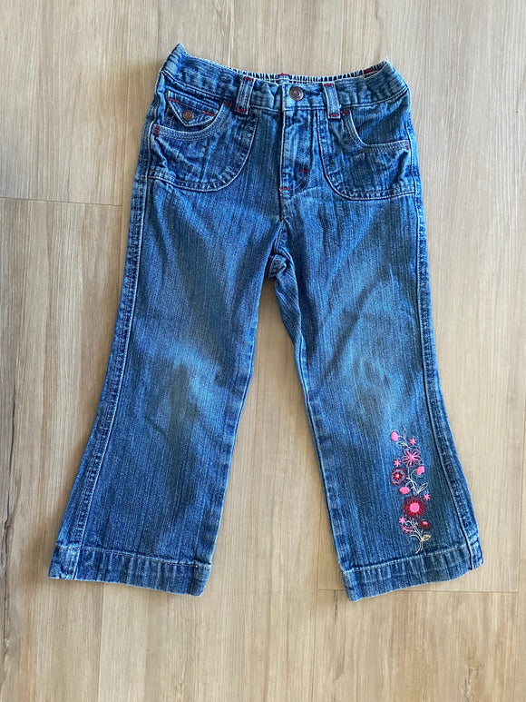 Pink Embroidered Flower Jeans, 4T