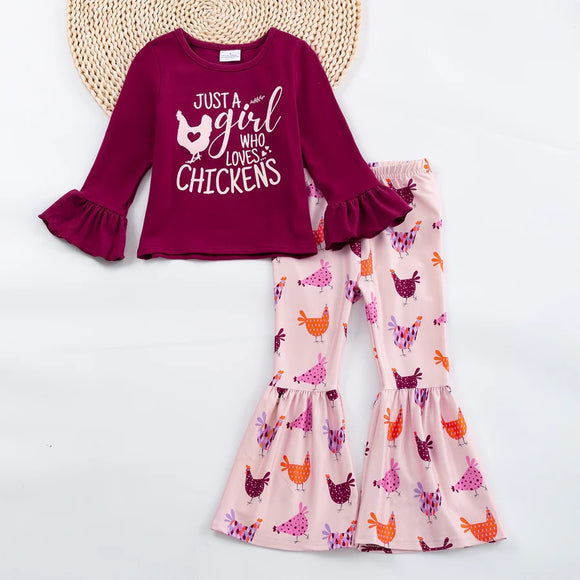 Boutique 'A Girl Who Loves Chickens' Bell Bottom Set, M (3T)