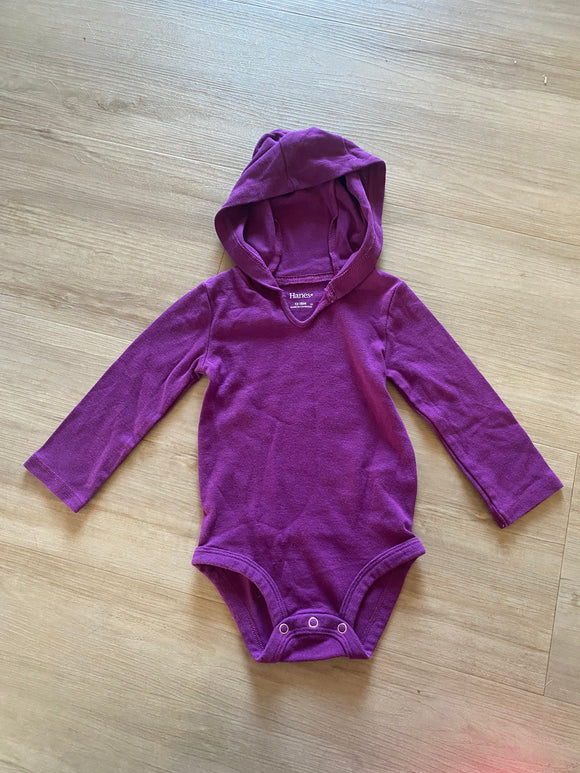 Hanes Purple Hooded Long Sleeve Onesie, 12-18M