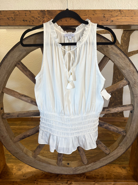 Current Air Los Angeles, Blouse, White, Tie Neck, Elastic Waist, Med, NWT