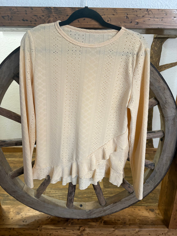 Unknown Brand, Yellow Blouse, Round Neck, Ruffles on bottom of blouse, L