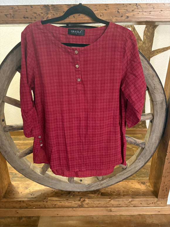 Gracila, Red Blouse, Round Neck, Button Down, Loose Fit, 3/4 Sleeves or long Sleeve, XL