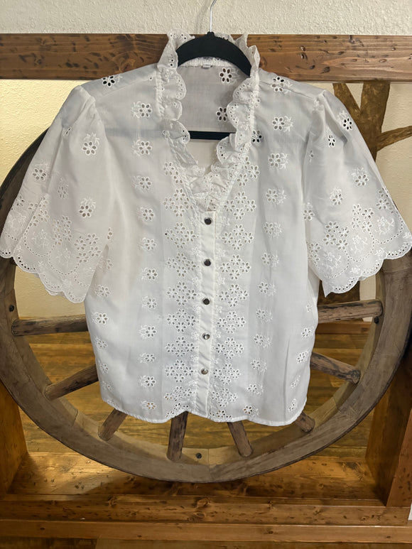Unknown Brand, White Eyelet Blouse, Button Down Front, Short Sleeves, L