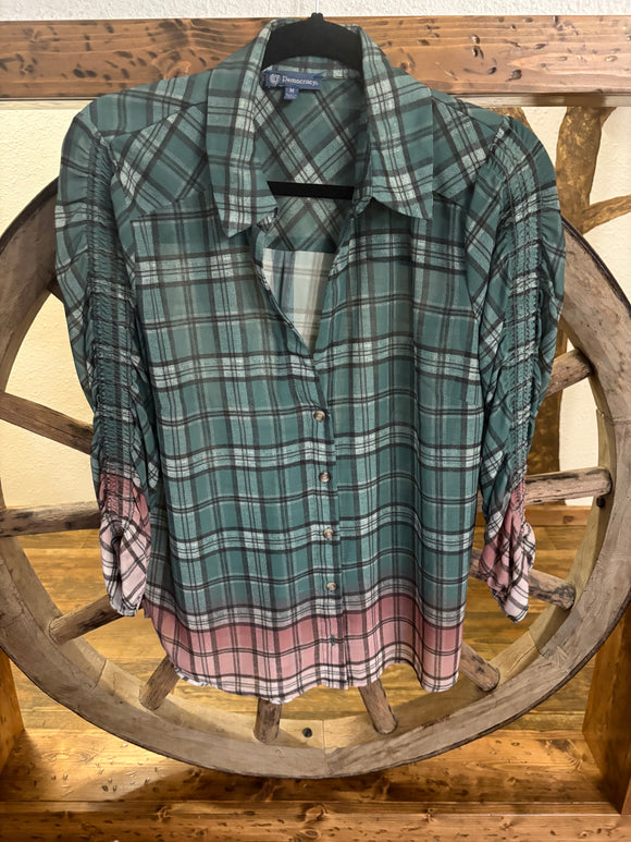 Democracy, Green Blouse, Button Down Front, Gathered Sleeves, Med