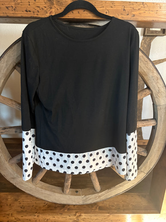 Unknown Brand, Black Long Pull Over Shirt, Black & White Polka-dot Sleeves & Hem, L