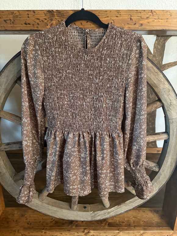 Unknown Brand, Elastic Front, Blouse, Long Sleeve, Button Back, Round Neck, L