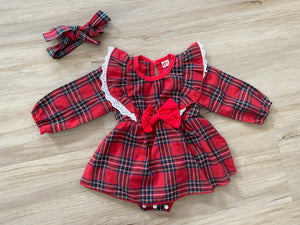 Christmas Plaid Dress Onesie & Headband, 70 (6-12M)