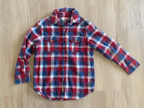 Red, White, Blue Plaid Buttons Down Flannel, M(8)